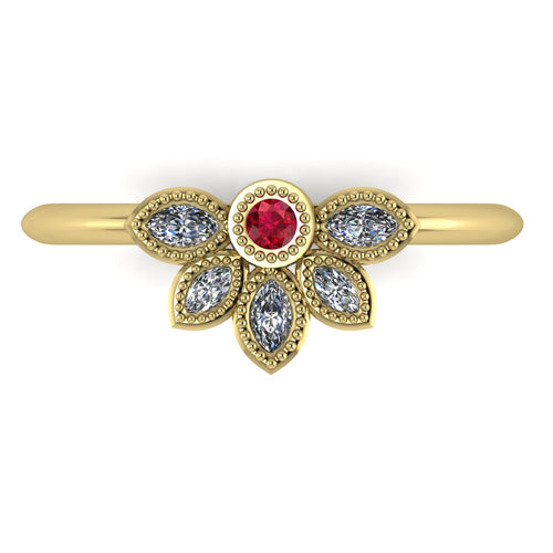 Overhead view of Astraea Liberty 18ct yellow gold ring featuring a central red ruby and five marquise diamonds.