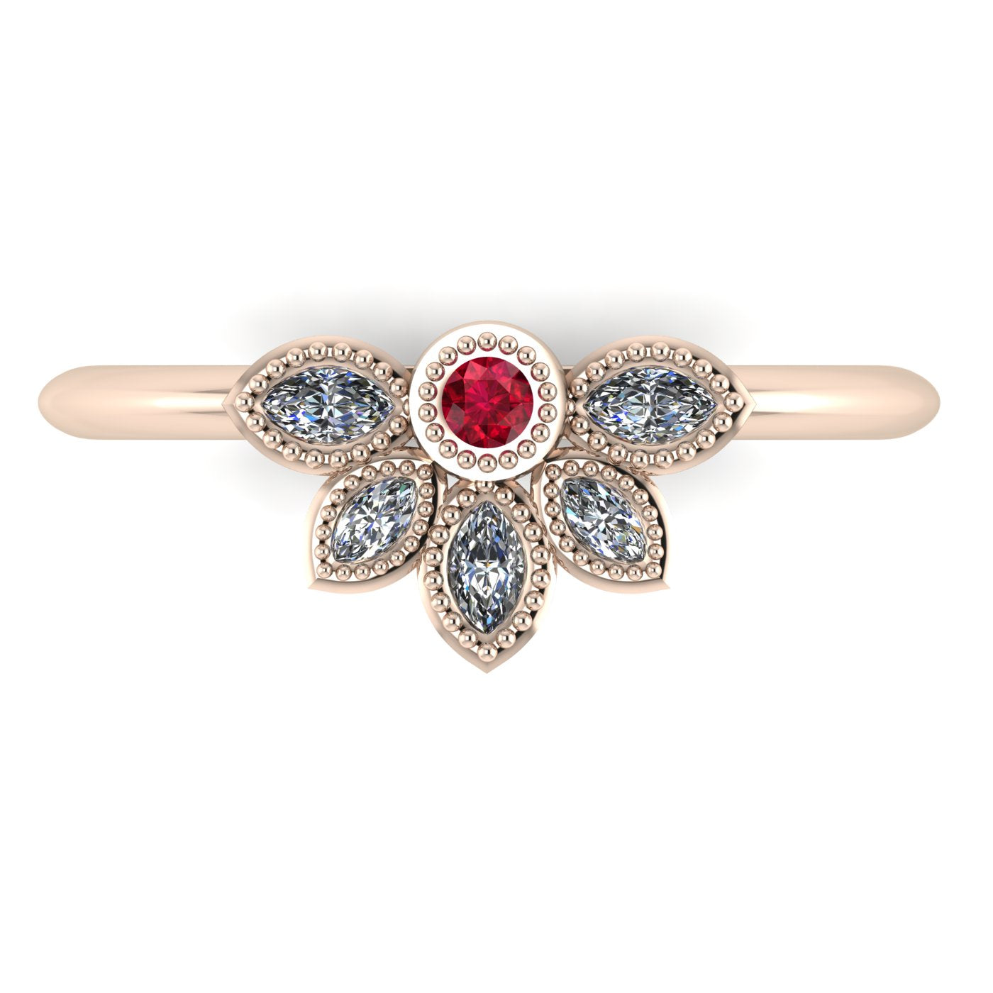 Top view of Astraea Liberty 18ct rose gold ring featuring a central round ruby and five marquise diamonds in a cluster.