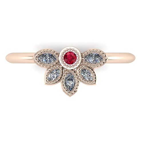 Top view of Astraea Liberty 18ct rose gold ring featuring a central round ruby and five marquise diamonds in a cluster.