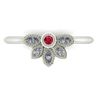 Top view of the Astraea Liberty ring with a central red ruby and five marquise diamonds in 18ct white gold or platinum.