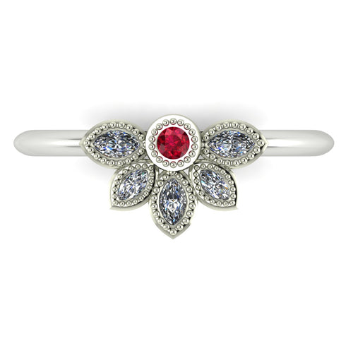 Top view of the Astraea Liberty ring with a central red ruby and five marquise diamonds in 18ct white gold or platinum.