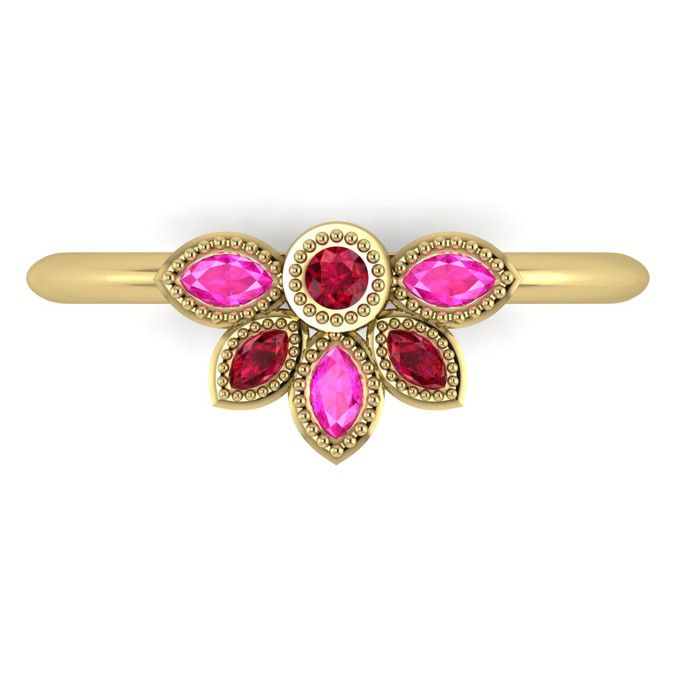 Top view of Astraea Liberty ring featuring a round red ruby centre surrounded by marquise pink sapphires and rubies in 18ct yellow gold.