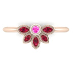 Top view of Astraea Liberty ring with a central ruby and a cluster of pink sapphire and ruby marquise stones in 18ct rose gold.