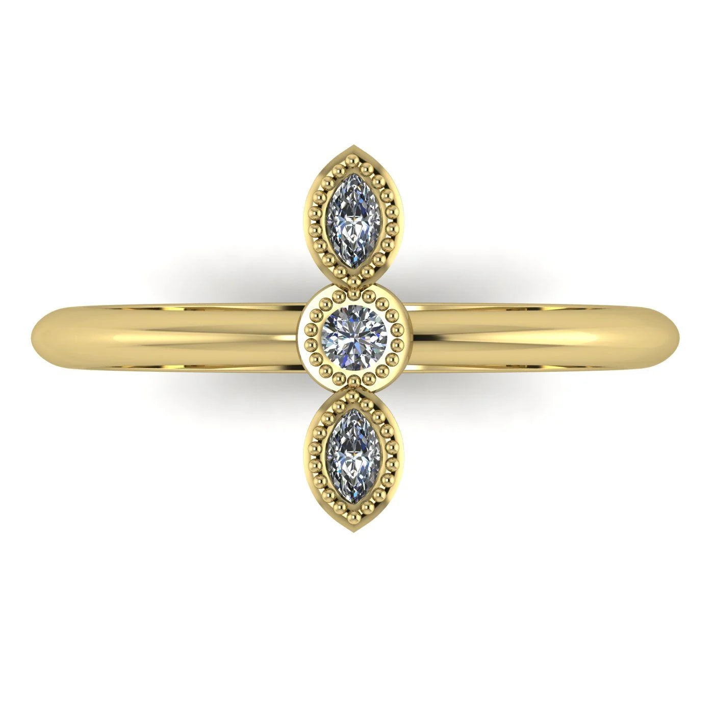Top view of Astraea Trilogy 18ct yellow gold ring featuring three brilliant-cut diamonds in a row.