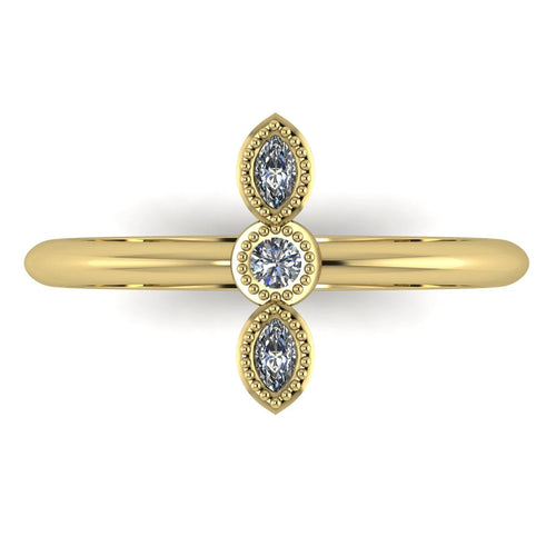 Top view of Astraea Trilogy 18ct yellow gold ring featuring three brilliant-cut diamonds in a row.