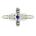 Top view of Astraea Trilogy 18ct white gold ring featuring a central blue sapphire and two sparkling diamonds in a row.