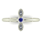 Top view of Astraea Trilogy 18ct white gold ring featuring a central blue sapphire and two sparkling diamonds in a row.