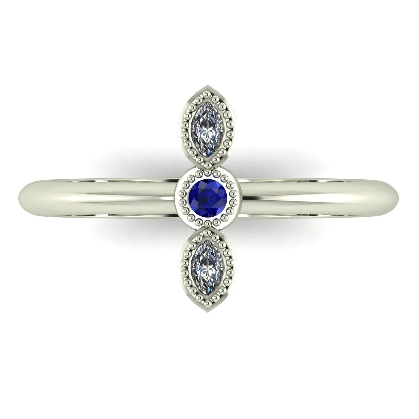 Top view of Astraea Trilogy 18ct white gold ring featuring a central blue sapphire and two sparkling diamonds in a row.