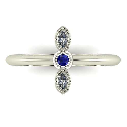 Top view of Astraea Trilogy 18ct white gold ring featuring a central blue sapphire and two sparkling diamonds in a row.