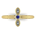 Top view of Astraea Trilogy 18ct yellow gold ring featuring a central blue sapphire and two sparkling diamonds.