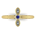 Top view of Astraea Trilogy 18ct yellow gold ring featuring a central blue sapphire and two sparkling diamonds.