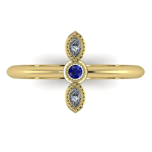 Top view of Astraea Trilogy 18ct yellow gold ring featuring a central blue sapphire and two sparkling diamonds.