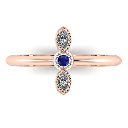 Top view of Astraea Trilogy 18ct rose gold ring featuring a central diamond and two round blue sapphires.