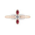 Top view of Astraea Trilogy 18ct rose gold ring with a central diamond and two vibrant round rubies.