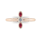 Top view of Astraea Trilogy 18ct rose gold ring with a central diamond and two vibrant round rubies.
