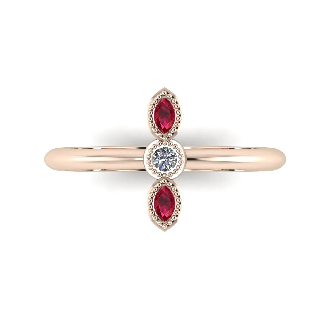 Top view of Astraea Trilogy 18ct rose gold ring with a central diamond and two vibrant round rubies.