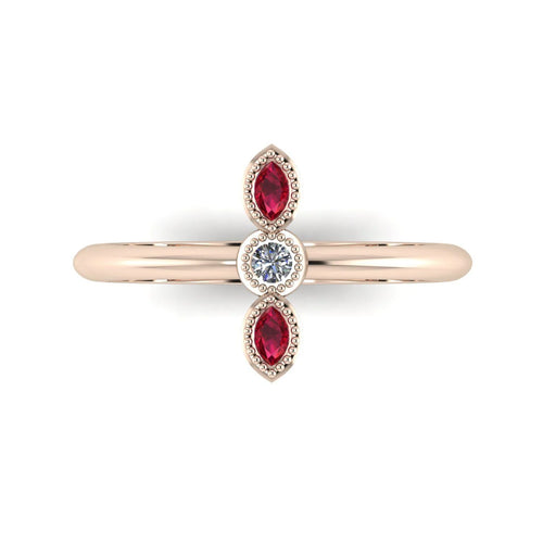 Top view of Astraea Trilogy 18ct rose gold ring with a central diamond and two vibrant round rubies.
