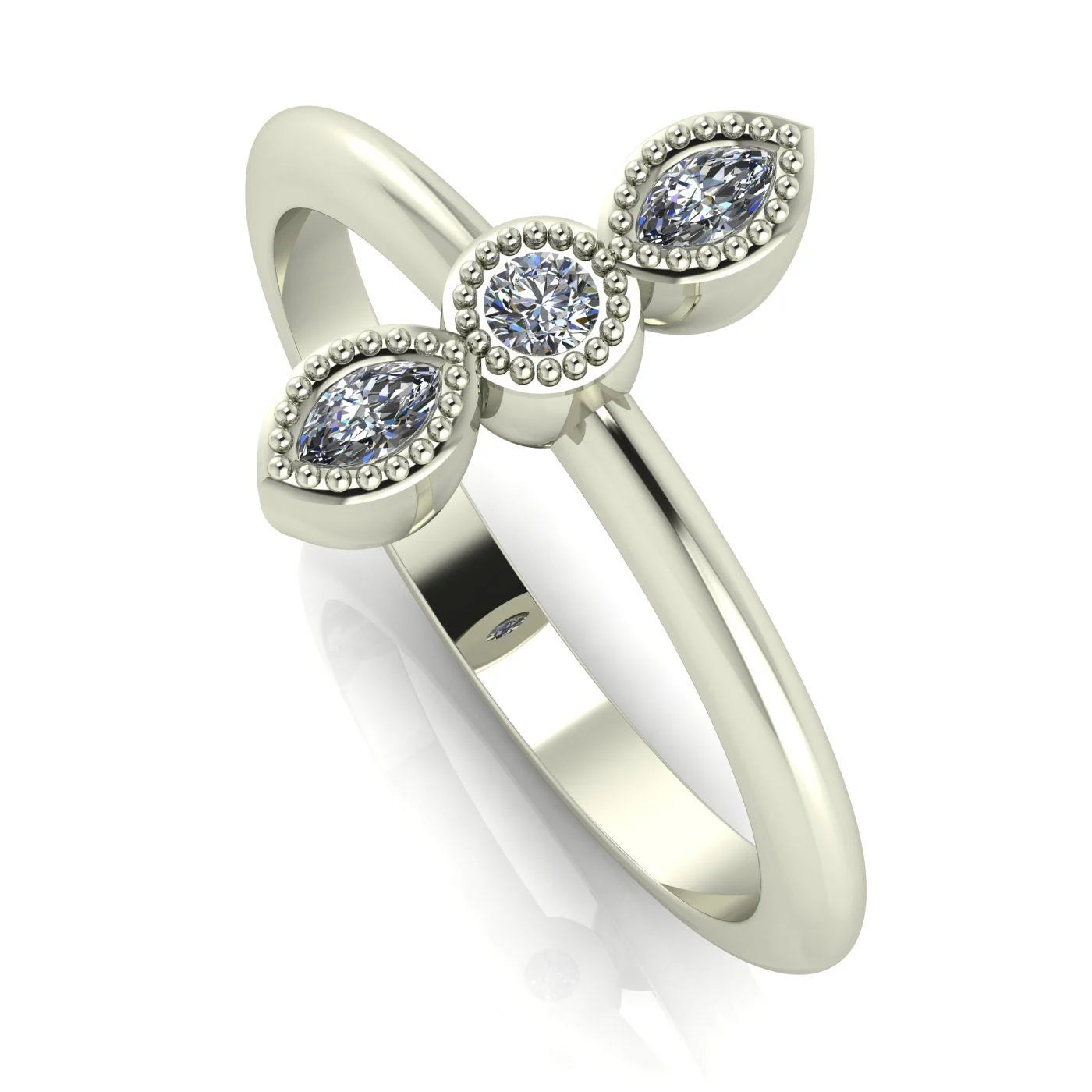 Perspective view of the Astraea ring highlighting the depth of the diamond settings and the polished finish of the white gold band.