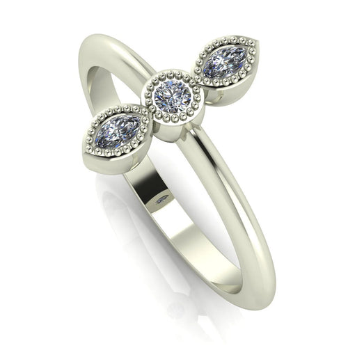 Perspective view of the Astraea ring highlighting the depth of the diamond settings and the polished finish of the white gold band.