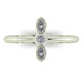 A top-down view of the Astraea trilogy ring, showing the symmetrical alignment and brilliance of the three round diamonds set in white gold.