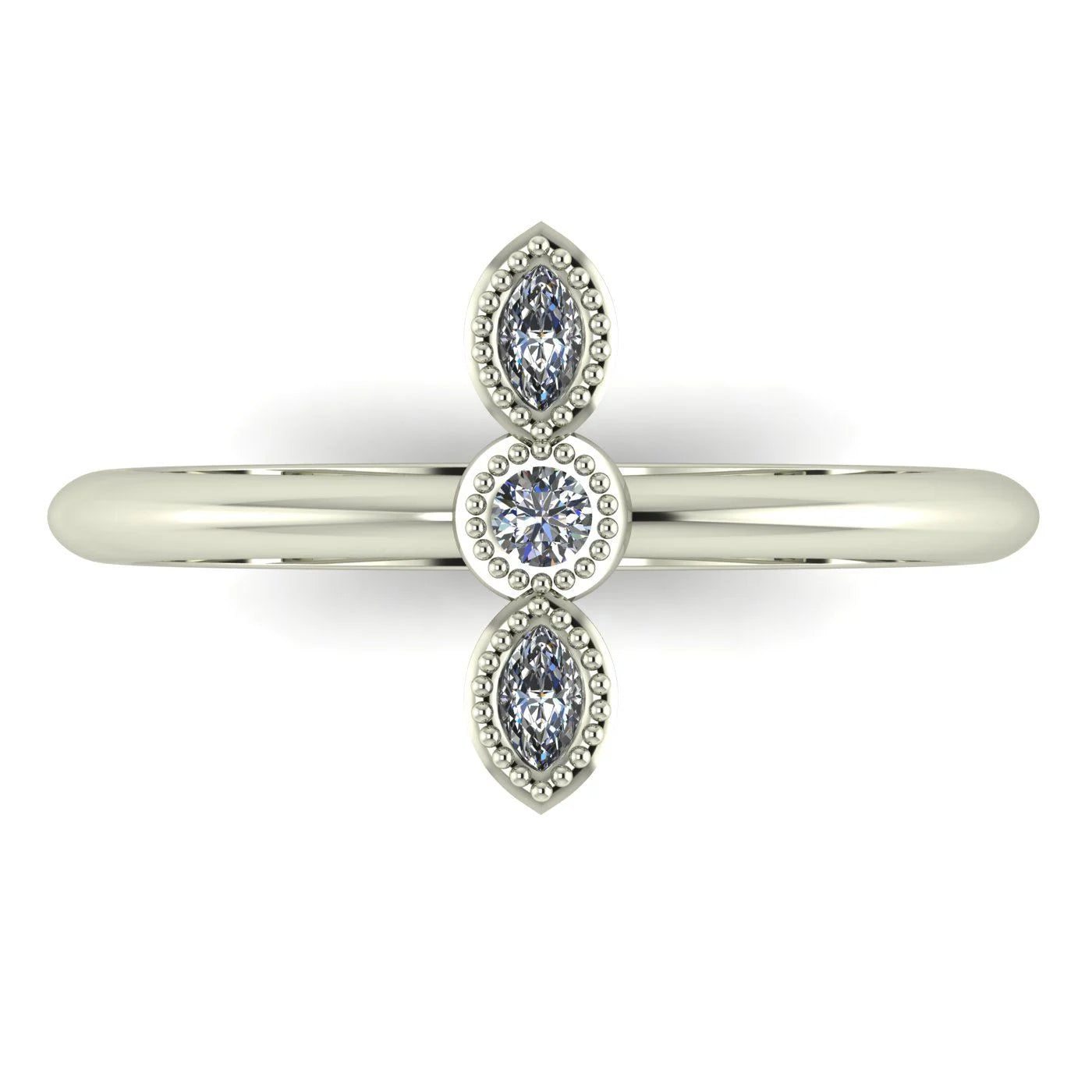 A top-down view of the Astraea trilogy ring, showing the symmetrical alignment and brilliance of the three round diamonds set in white gold.