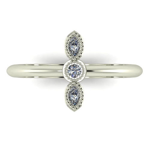 A top-down view of the Astraea trilogy ring, showing the symmetrical alignment and brilliance of the three round diamonds set in white gold.