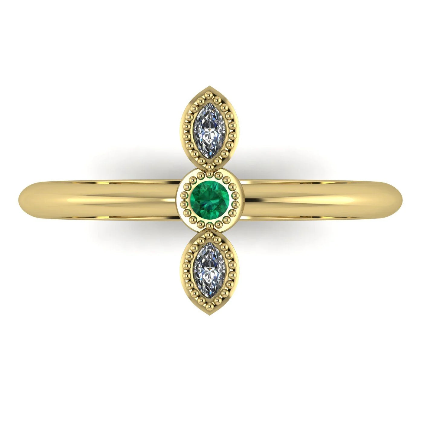 Top view of Astraea Trilogy 18ct yellow gold ring featuring a central emerald and two sparkling diamonds.