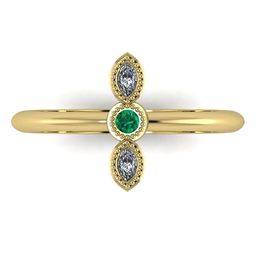 Top view of Astraea Trilogy 18ct yellow gold ring featuring a central emerald and two sparkling diamonds.