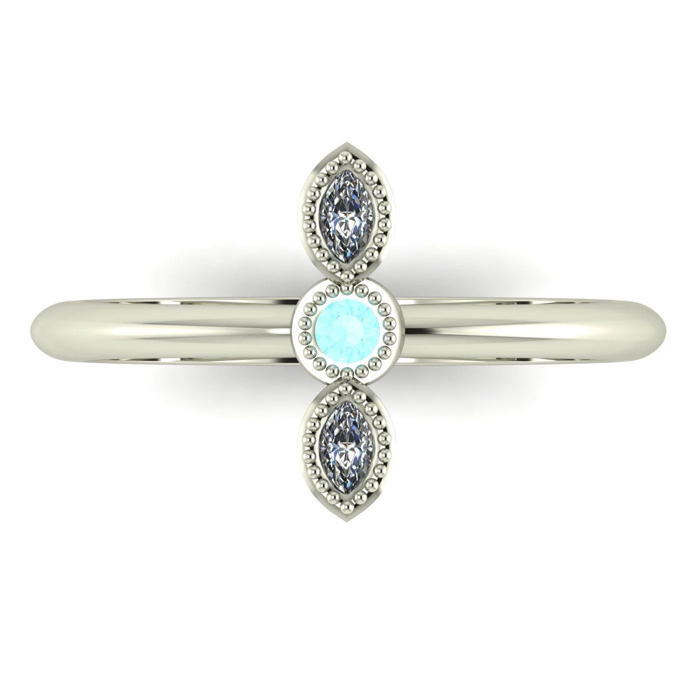 Top down view of an Astraea Trilogy ring with a central round diamond flanked by two horizontal marquise aquamarines in 18ct white gold.