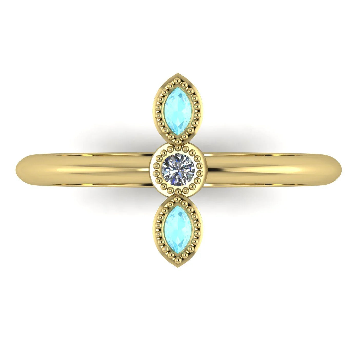 A top-down view of the Astraea trilogy ring featuring two marquise-cut aquamarines flanking a central brilliant diamond set in yellow gold.