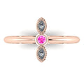 Top view of Astraea Trilogy 18ct rose gold ring featuring a central pink sapphire and two diamonds in a row.