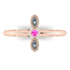 Top view of Astraea Trilogy 18ct rose gold ring featuring a central pink sapphire and two diamonds in a row.