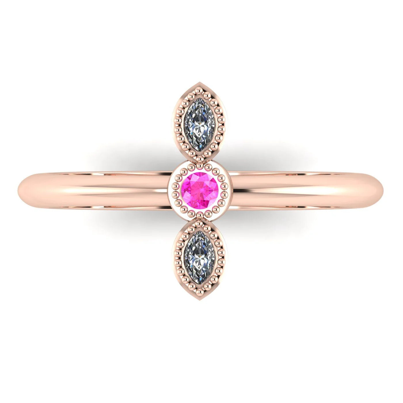 Top view of Astraea Trilogy 18ct rose gold ring featuring a central pink sapphire and two diamonds in a row.