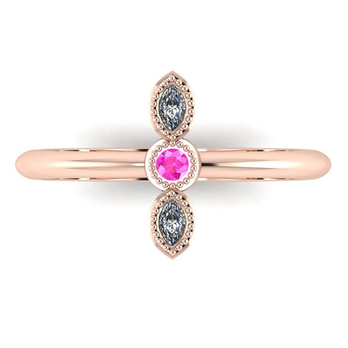 Top view of Astraea Trilogy 18ct rose gold ring featuring a central pink sapphire and two diamonds in a row.