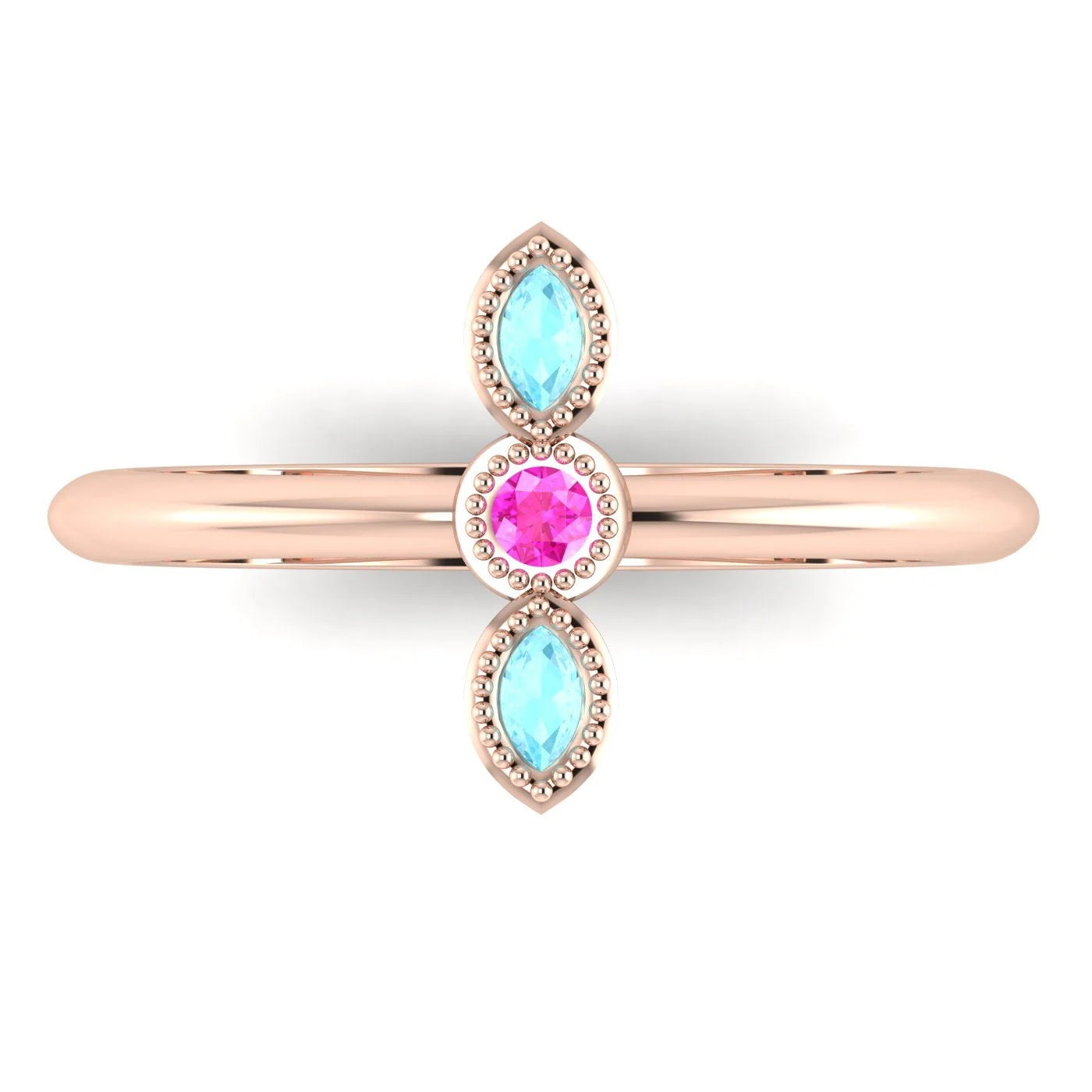 Top view of Astraea Trilogy 18ct rose gold ring with a central pink sapphire and two marquise-cut aquamarines.