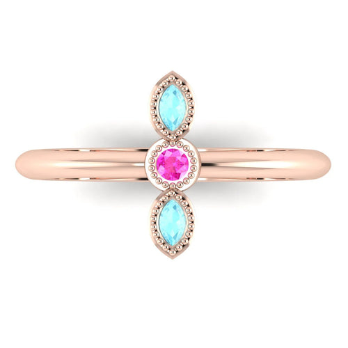 Top view of Astraea Trilogy 18ct rose gold ring with a central pink sapphire and two marquise-cut aquamarines.