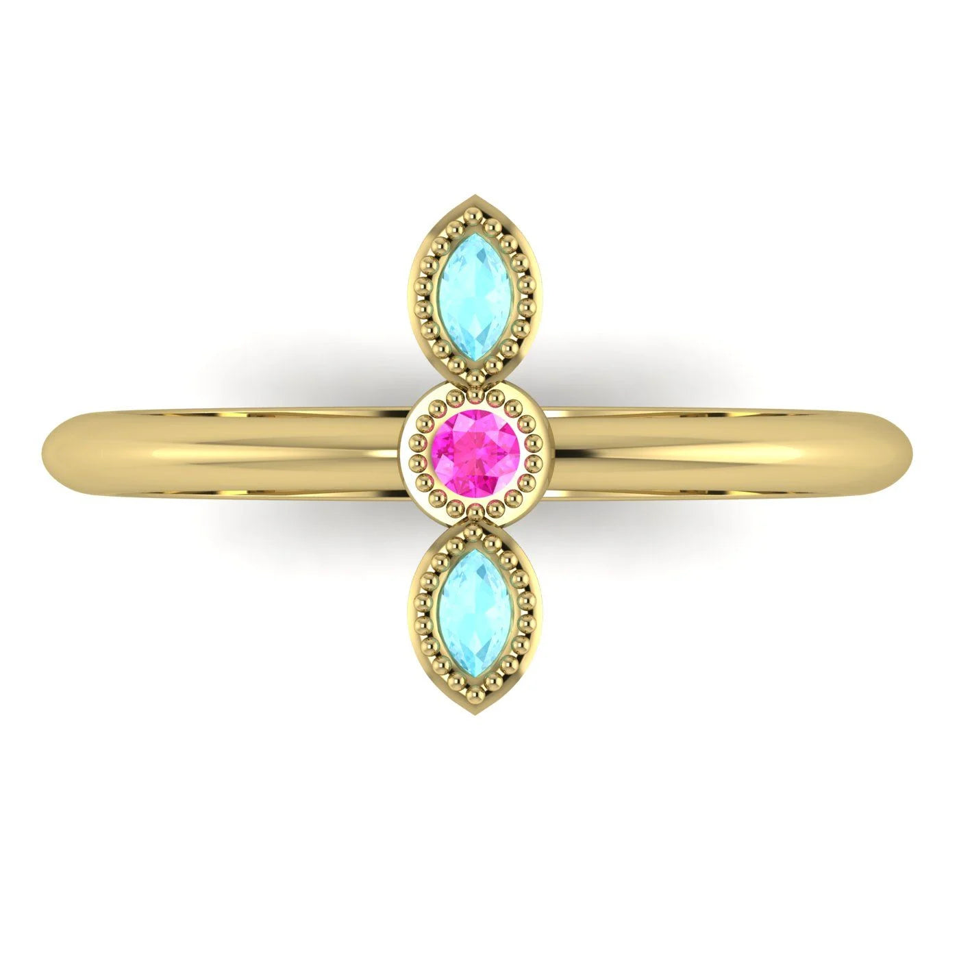 Top view of Astraea Trilogy 18ct yellow gold ring with a central pink sapphire and two marquise-cut aquamarines.