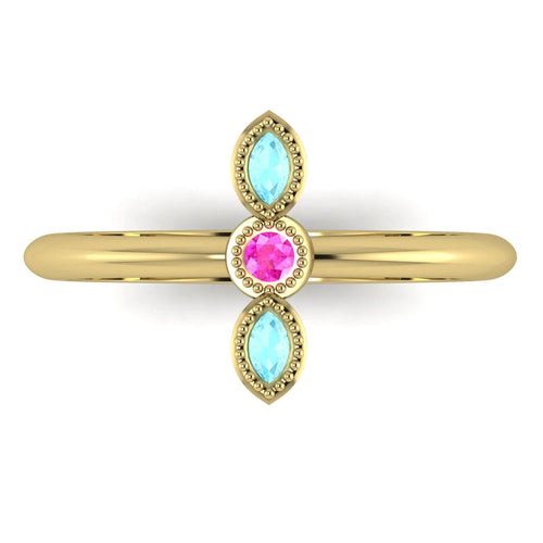Top view of Astraea Trilogy 18ct yellow gold ring with a central pink sapphire and two marquise-cut aquamarines.