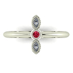 Top view of Astraea Trilogy 18ct white gold ring featuring a central ruby and two sparkling diamonds.