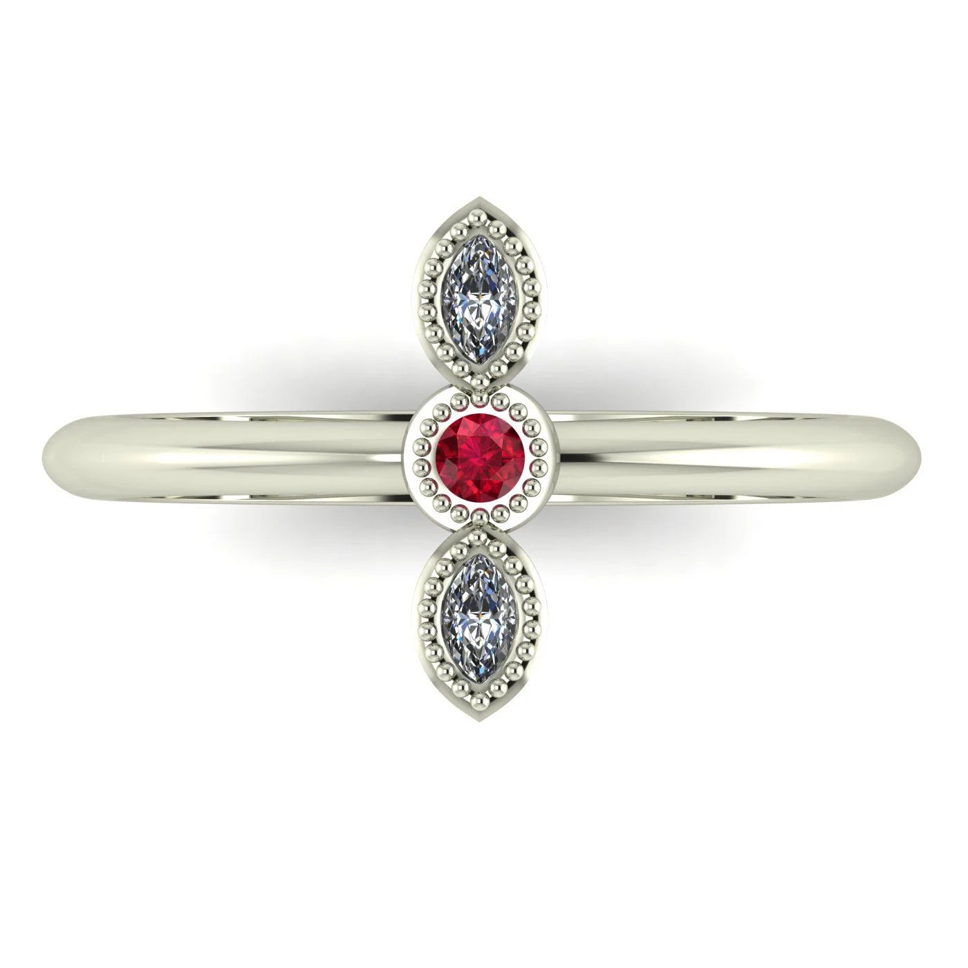 Top view of Astraea Trilogy 18ct white gold ring featuring a central ruby and two sparkling diamonds.