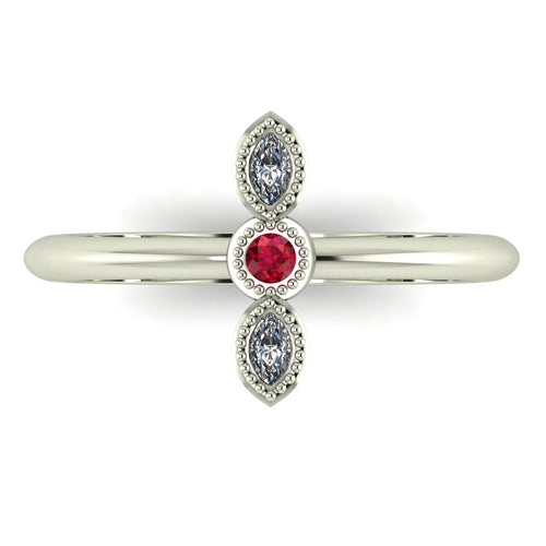Top view of Astraea Trilogy 18ct white gold ring featuring a central ruby and two sparkling diamonds.