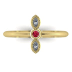 Top view of Astraea Trilogy 18ct yellow gold ring featuring a central ruby and two sparkling diamonds in a row.