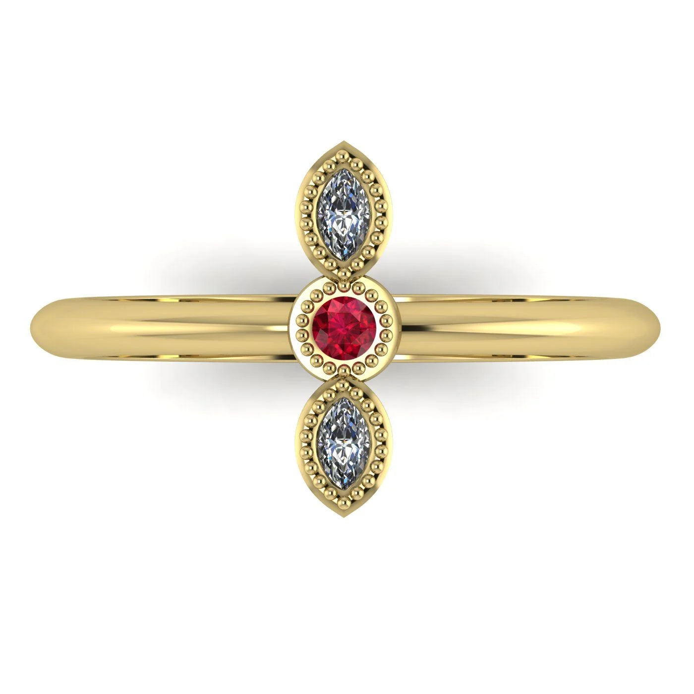 Top view of Astraea Trilogy 18ct yellow gold ring featuring a central ruby and two sparkling diamonds in a row.