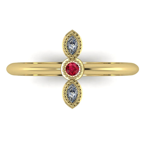 Top view of Astraea Trilogy 18ct yellow gold ring featuring a central ruby and two sparkling diamonds in a row.