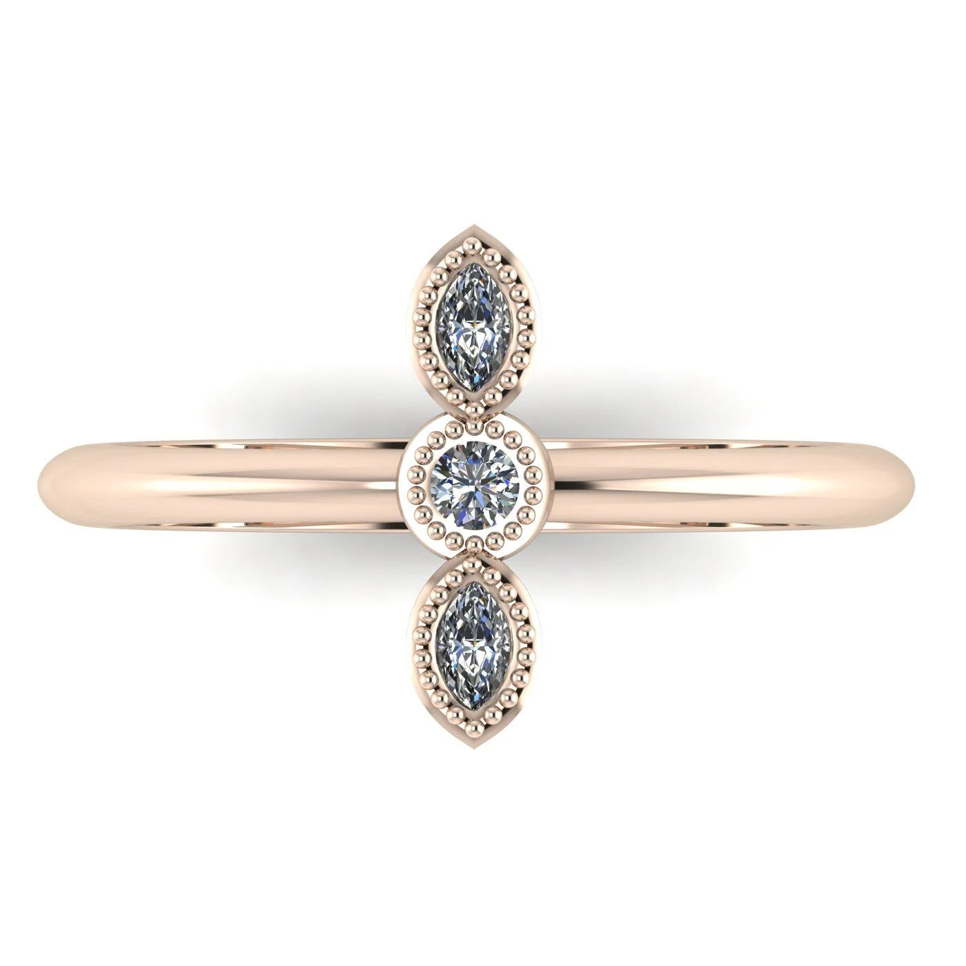 Top view of Astraea Trilogy 18ct rose gold ring featuring three sparkling brilliant-cut diamonds in a row.