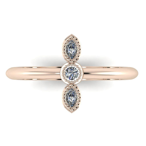Top view of Astraea Trilogy 18ct rose gold ring featuring three sparkling brilliant-cut diamonds in a row.