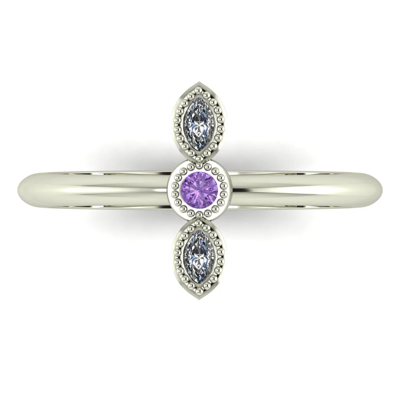 Top down view of an Astraea Trilogy ring featuring a central oval violet sapphire and two round brilliant diamonds in 18ct white gold.