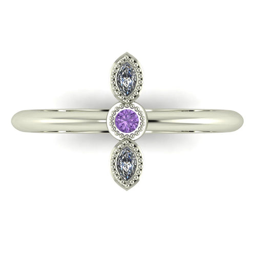 Top down view of an Astraea Trilogy ring featuring a central oval violet sapphire and two round brilliant diamonds in 18ct white gold.