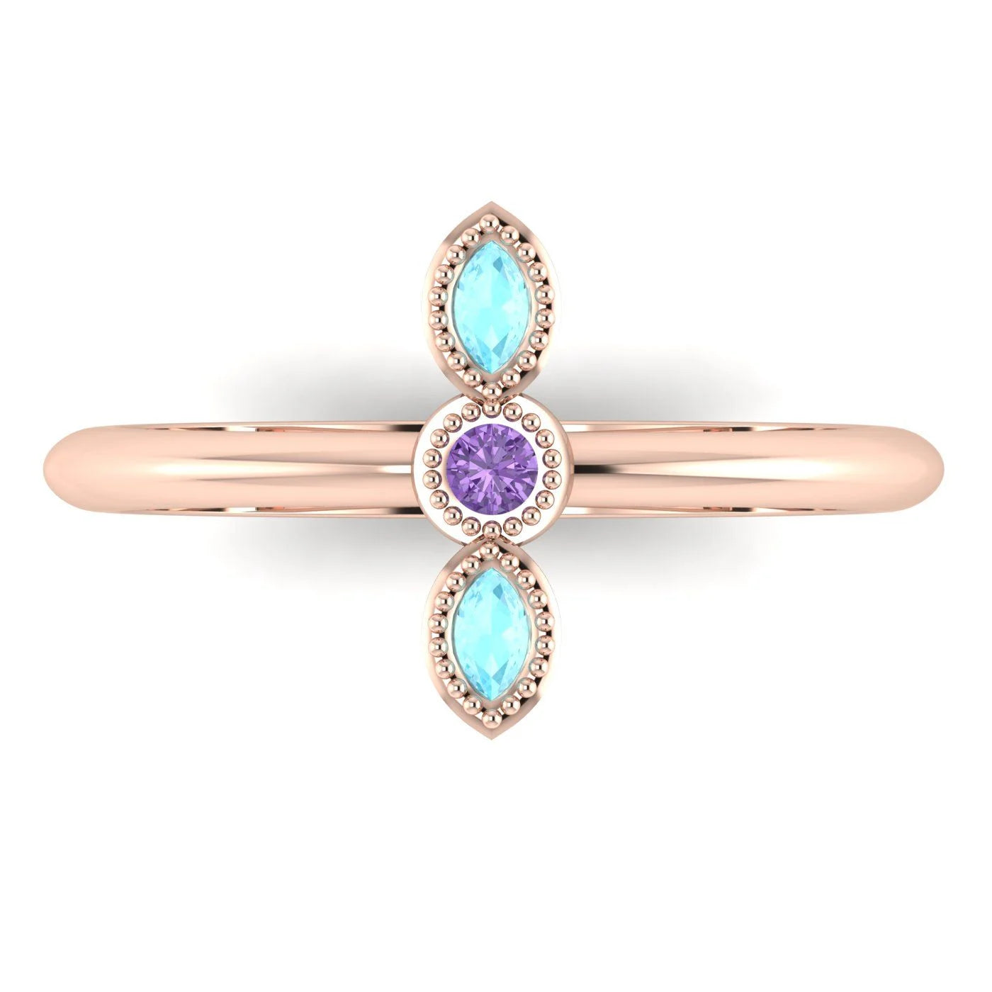 Top view of Astraea Trilogy 18ct rose gold ring featuring a central violet sapphire and two marquise aquamarines.