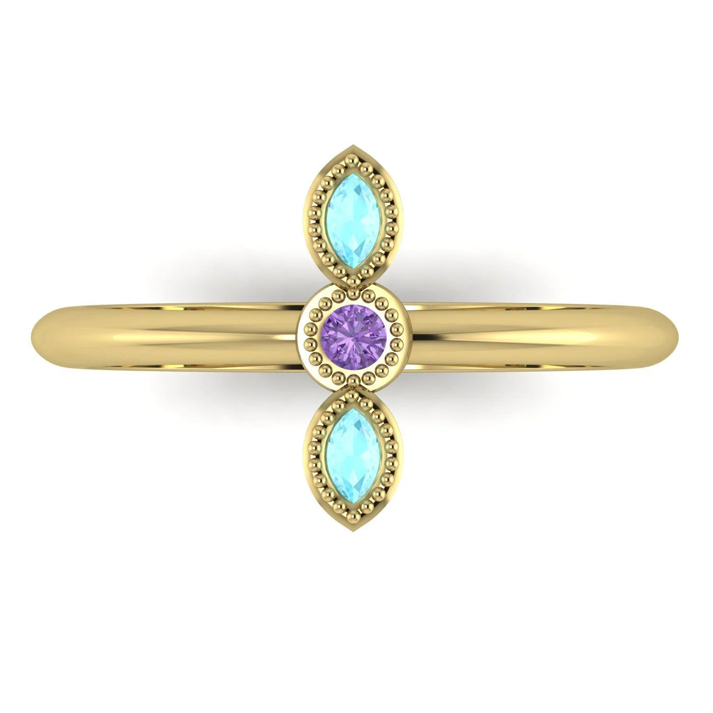 Top view of Astraea Trilogy 18ct yellow gold ring with a central violet sapphire and two marquise-cut aquamarines.